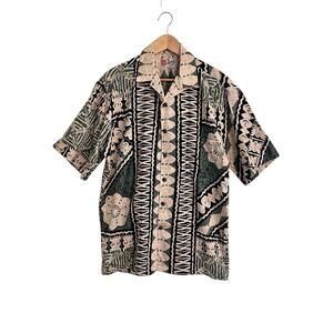 Vintage 80s Hilo Hattie Barkcloth Hawaiian Shirt Large Green Cream Black Aloha